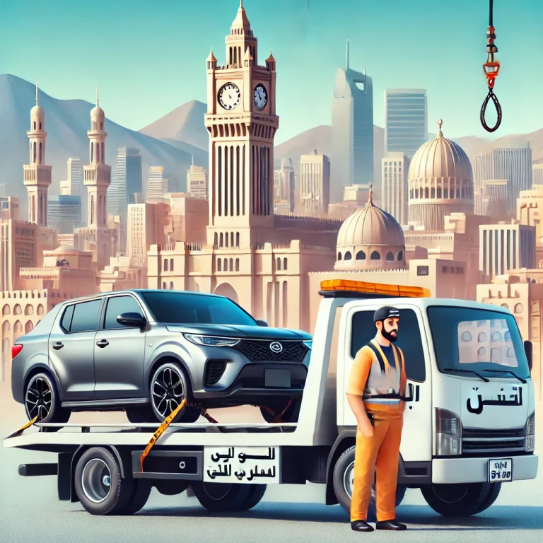 DALL·E 2024-10-12 21.18.40 - A towing and recovery service in Makkah, showing a flatbed tow truck loading a car in front of the iconic Makkah cityscape. The image includes a servi