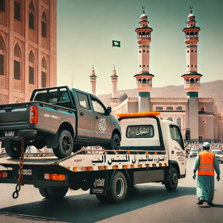 DALL·E 2024-10-12 21.19.31 - A flatbed tow truck in Makkah towing a broken-down vehicle near the Grand Mosque (Masjid Al-Haram). The scene shows the sacred mosque's minarets in th