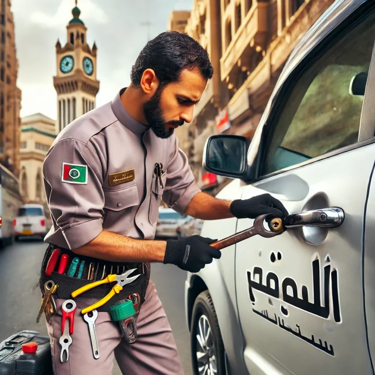 DALL·E 2024-10-12 21.21.12 - A service professional unlocking a car with specialized tools in Makkah, near the famous Makkah Clock Tower. The professional is dressed in uniform, f